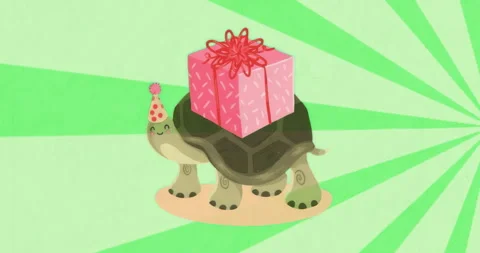 On playback starting, turtle wearing polka-dot hat and holding pink gift box Stock Footage 315526315