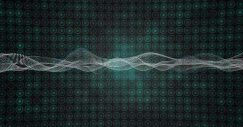 Playback starting, white dotted waveform mesh pulsing across teal grid, Stock Illustration