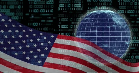 On playback, US flag waving while globe rotating and binary digits scrolling, Stock Footage 331125358
