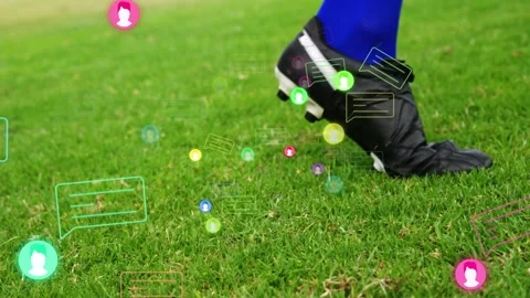 Player approaching soccer ball, placing boot, rolling, repositioning while icons Stock Footage 334352089