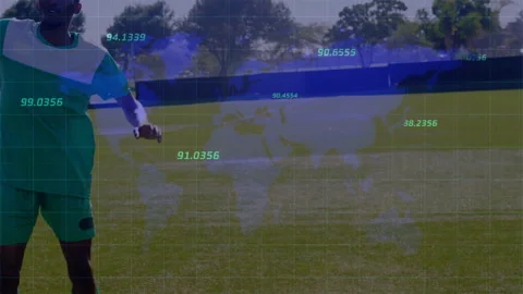 Player controlling ball as ball rolling, training sports skills with world-map Stock Footage 331085374