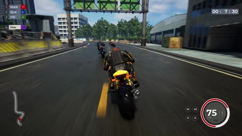 Player controlling the biker on the fast motorcycle in the computer game Stock Footage 311988418