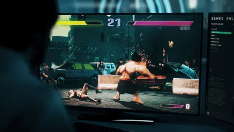 Player controlling the powerful hero in the match of an esports video game Stock Footage 248844304