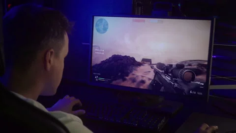 Player is engaging in military combat in the first-person shooter video game Video stock 164890337