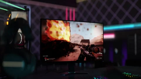 Player exploding the barrel to win in the military simulator game mission Stock Footage 248547521