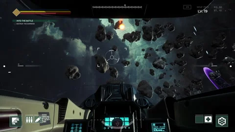 Player flying the sci-fi spaceship among the stars in the computer game Stock Footage 305940389