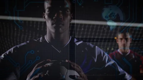 Player gripping ball at goal, code overlay expanding circuit lines and globe Stock Footage 316338941