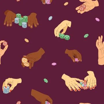 Player hands seamless pattern. Vector illustration of playing chips. All in,  Stock Illustration