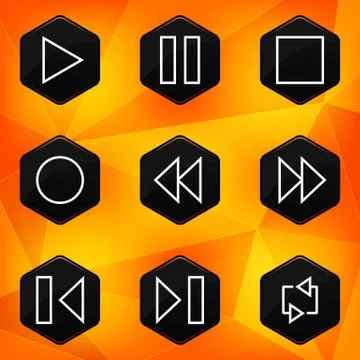 Player. Hexagonal icons set on abstract orange background Stock Illustration