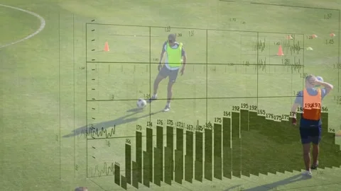 Player in neon green bib making first touch, causing 3D grid and bar charts Stock Footage 331006175