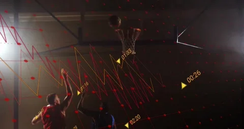 Player receiving pass and making basket, red-dot or yellow timecode overlays Stock Footage 318095634
