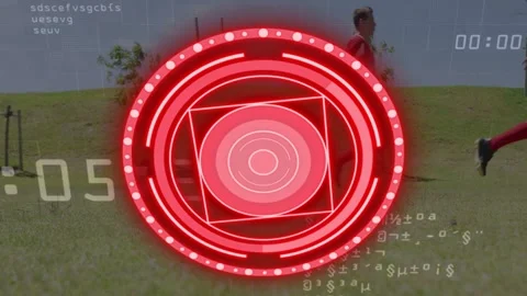 Player running left starting players chasing soccer ball for control behind HUD Video stock 332625767