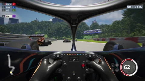 Player uses a formula car to win a racing challenge of a virtual computer game Stock Footage 279669291