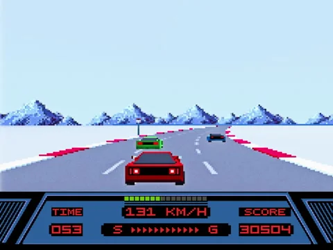 Player using a quick car in the retro arcade simulator with pixelated graphics Stock Footage 253641333