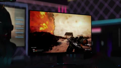 Player Using Sniper Rifle Weapon To Explode Red Barrels During Online Match Stock Footage 265908518