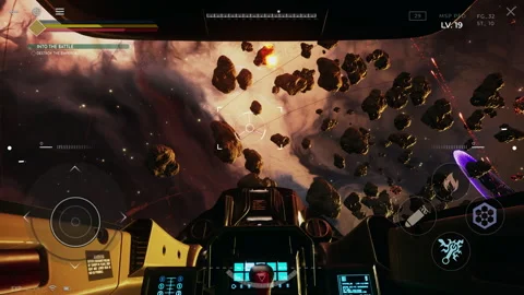 Player winning intergalactic battle in gaming space exploration simulator level Stock Footage 269172557