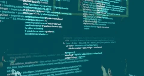 Players running into view and jumping under hoop while code overlay intensifying Stock Footage 320603311