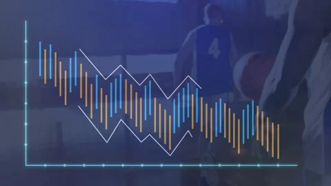 Players walking toward hoop, coach watching, sports data showing bar chart and Vídeo Stock 309143768