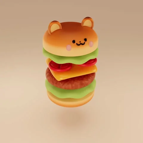 A playful 3D animation of a bear-shaped burger jumping up and down. Featuring 動画素材 329451415