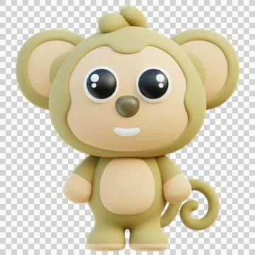 Playful 3D Monkey Character with Curly Tail and Big Ears Stock Illustration
