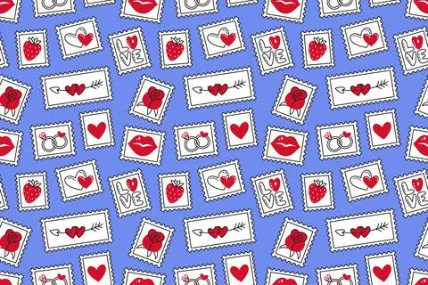 Playful and romantic pattern with postage stamps with various love icons. Doodle Ilustração Stock