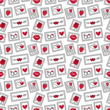 Playful and romantic pattern with postage stamps with various love icons. Doodle Ilustração Stock