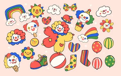 Playful and Whimsical Clown Elements Clowncore Cartoon with Hand Drawn Dood.. Stockillustratie