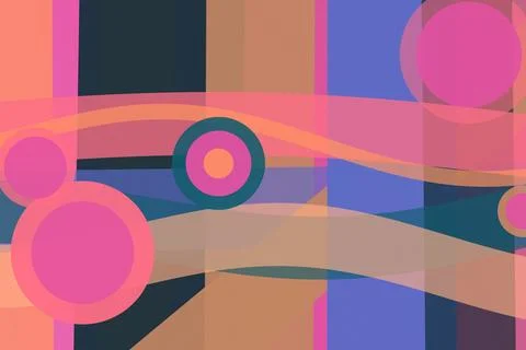 A playful arrangement of overlapping rings, rectangles, and flowing ribbons.. 스톡 일러스트