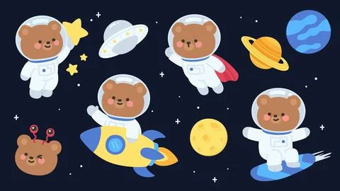 Playful Astronaut Bear Vector Set with Rocket and Stars Stock Illustration