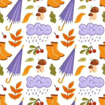 This playful autumn pattern features colorful umbrellas, bright vibrant leaves Illustrazione stock