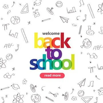Playful back to school poster with bold colorful text and doodle-style scho.. Stock Illustration
