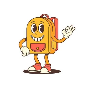 Playful backpack mascot raises both hands for a double high five, beaming wit Stock Illustration