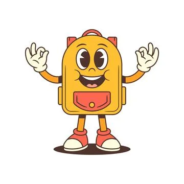 Playful backpack mascot raises both hands with open palms and a big smile, ra Stock Illustration