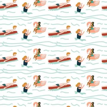 Playful beach pattern with diverse characters relaxing on floaties in waves Stock Illustration