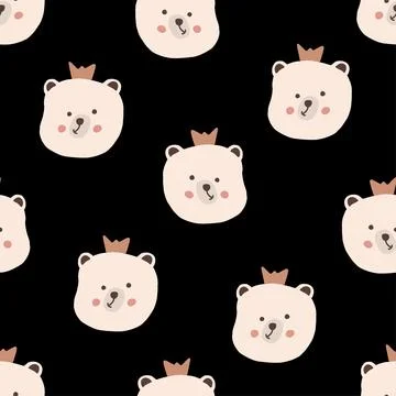 Playful bear faces with crowns in a fun, vibrant pattern. Stock Illustration