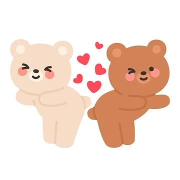 Playful Bears with Touching Backs and Floating Hearts Stock Illustration