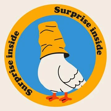 Playful Bird with Surprise Inside Label and Yellow Hat Stock-Illustration