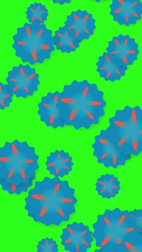 Playful Blue and Red Abstract Objects Falling on Green Background Stock Footage 342722032