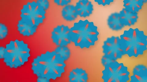 Playful Blue Star Objects Falling Over Vibrant Red and Orange Mesh Background Stock Footage 345041409