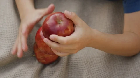 Playful boy lying down in backyard and stacking apples Stock Footage 119990120