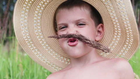 Playful boy in straw hat making funny face with stick mustache in sunny field. Video stock 287524650