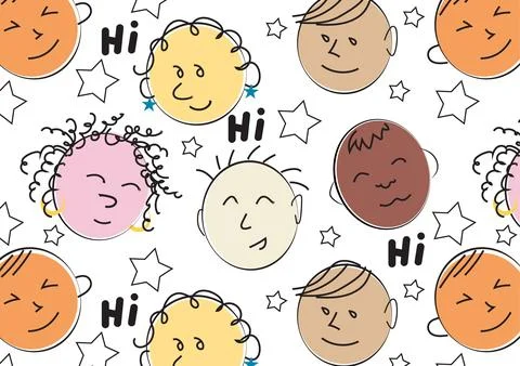 Playful cartoon faces pattern with multiracial diversity and stars on white Stock Illustration