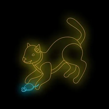 Playful cat chasing mouse, neon sign illustration on black background Illustrazione stock