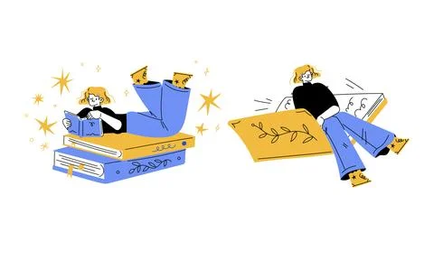Playful Characters Engaged in Reading and Relaxation Amidst a Colorful World of Stock Illustration
