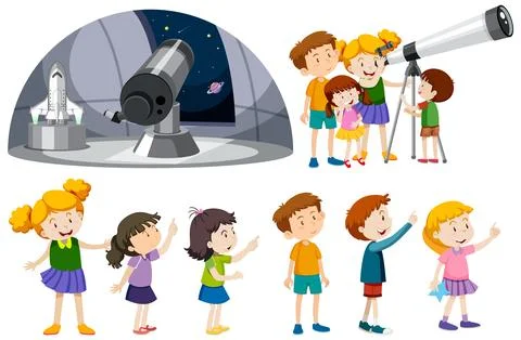 Playful Children Using Telescopes Vector Collection Stock Illustration
