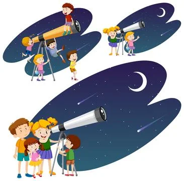 Playful Children Using Telescopes Vector Collection Stock Illustration