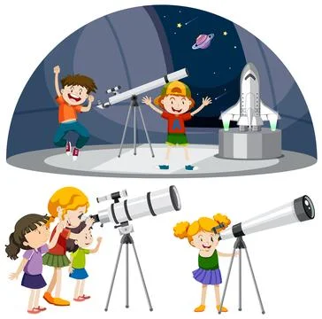 Playful Children Using Telescopes Vector Collection Stock Illustration