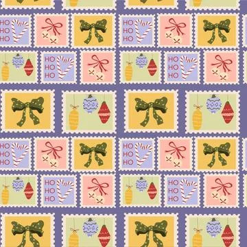 Playful Christmas seamless pattern inspired by vintage postage stamps, Stock Illustration