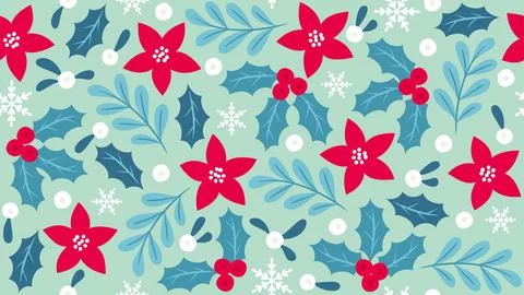 Playful Christmas Seamless Pattern with Red Flowers Blue Holly Leaves Snowf.. Stock Illustration