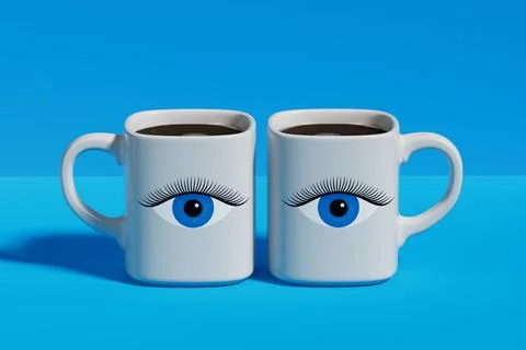 Playful Coffee Break Concept. Two Coffee Mugs With Eye Design. 3d Rendering Stock Illustration